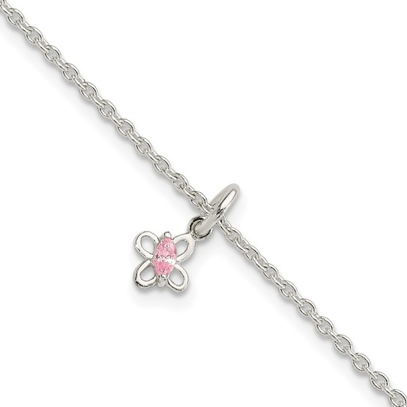 925 Sterling Silver Pink CZ Butterfly 5" with 1.5in Ext. Children's Bracelet - Picture 1 of 4